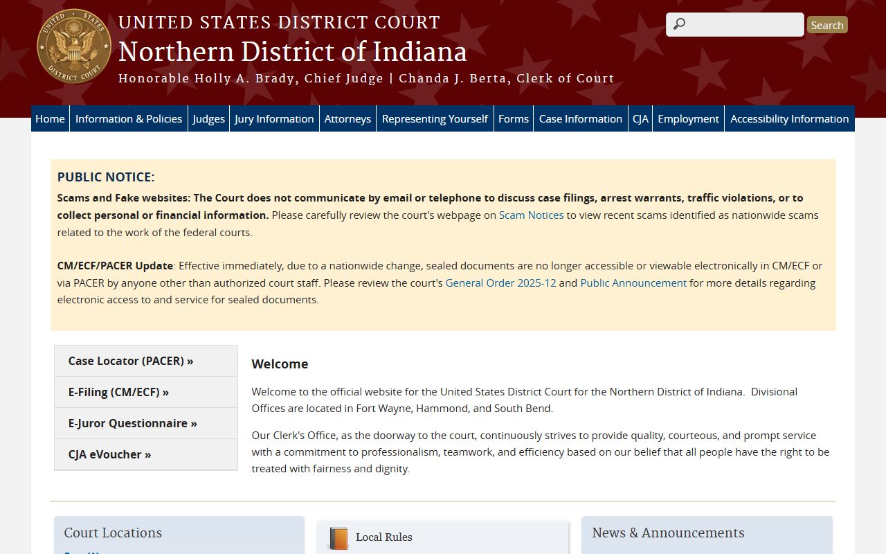 Pulaski County trial court records and Northern District of Indiana federal court homepage