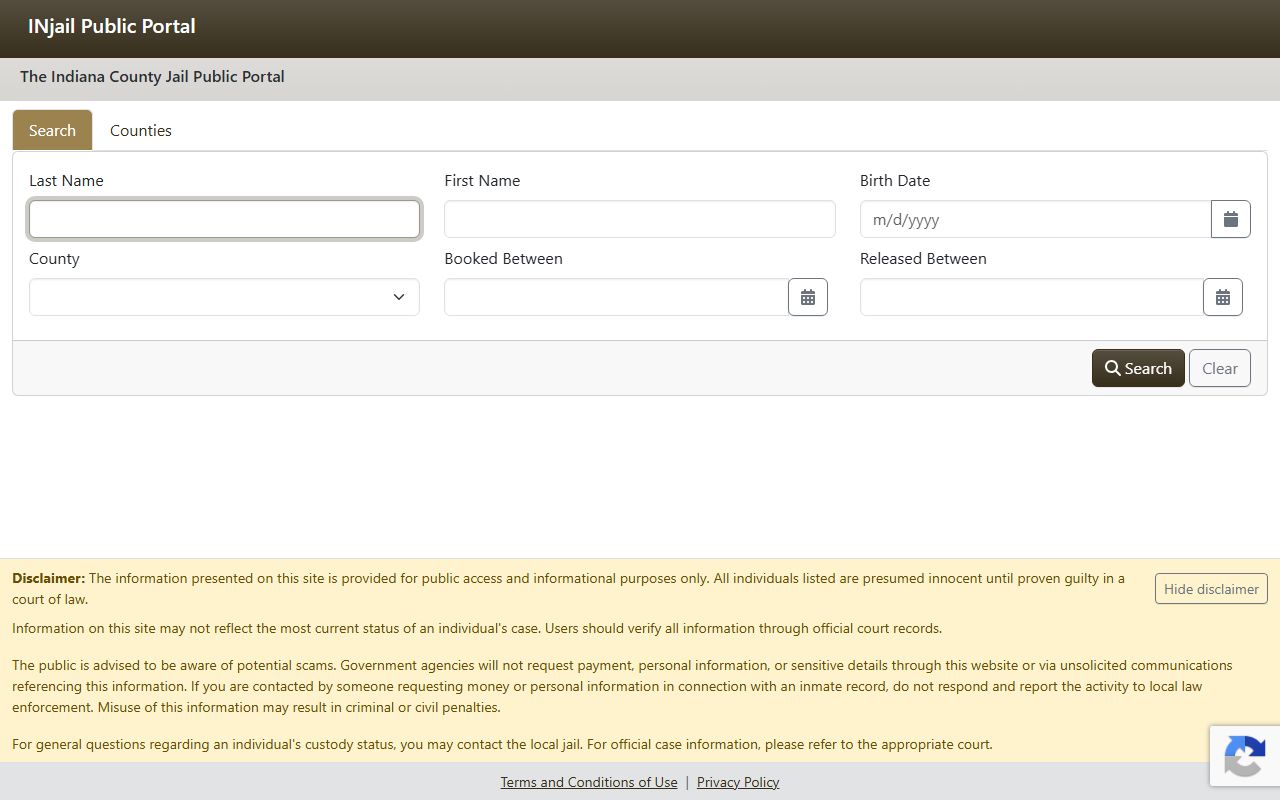 Pulaski County inmate records Indiana County Jail Public Portal search