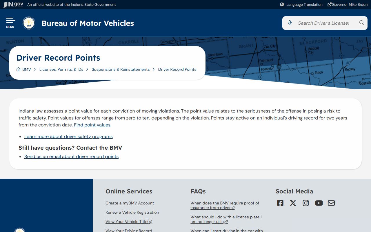 Pulaski County traffic court records and Indiana BMV driver record points