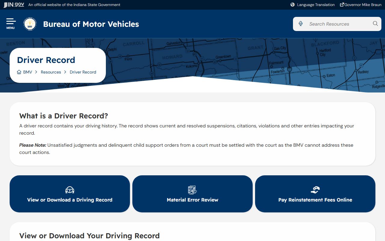 Pulaski County traffic court records and Indiana BMV driver record page